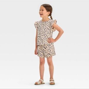 Toddler Girls' Flutter Sleeve Leopard Printed & French Terry Shorts Set